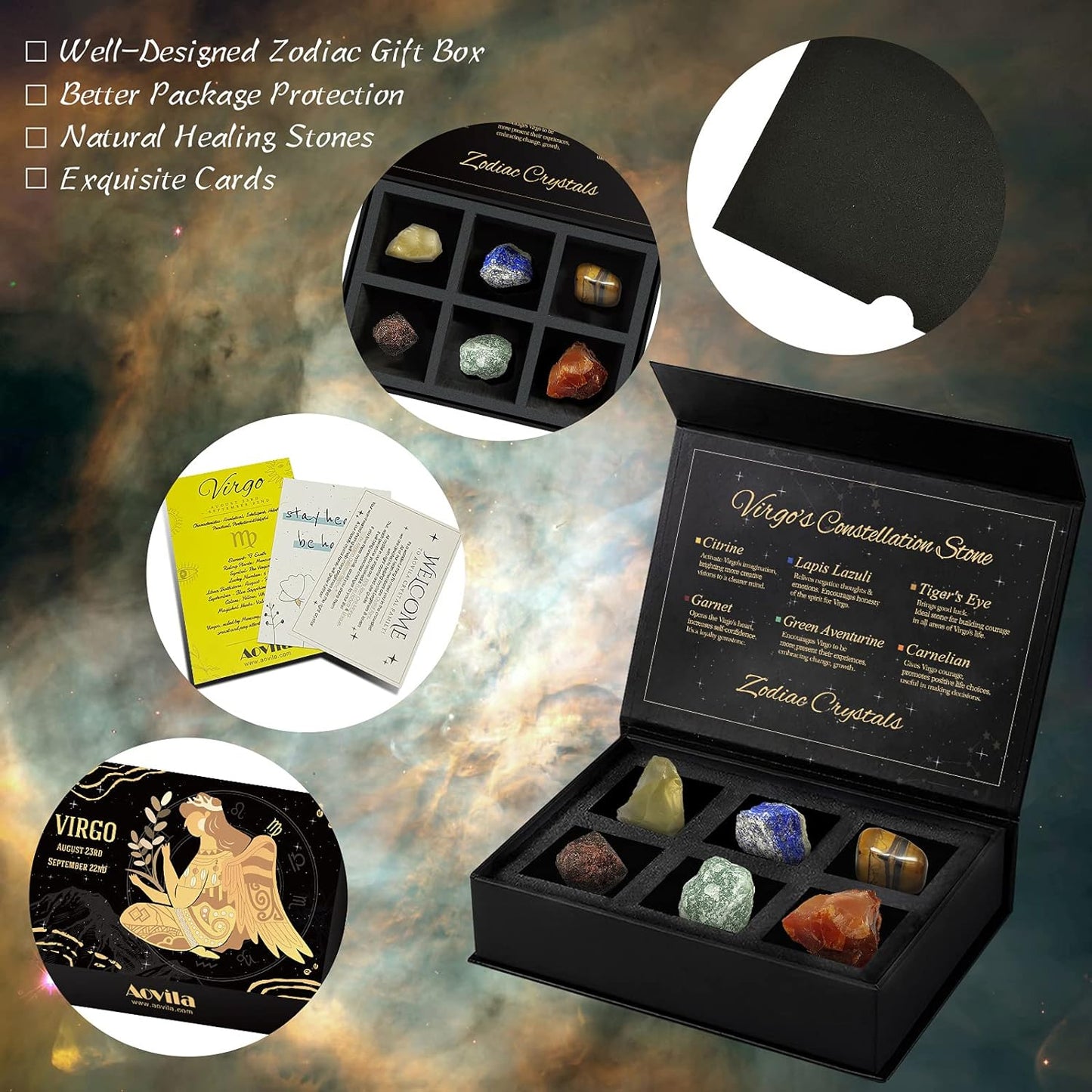 Leo Crystals Gift Set, Zodiac Signs Healing Crystals Birthstones with Horoscope Box Set Leo Astrology Crystals Healing Stones Gifts