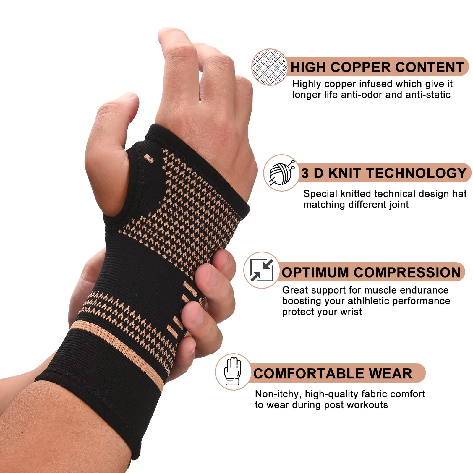 2 Pack Wrist Compression Sleeves, Comfortable and Breathable for Workout, Wrist Support for Women and Men