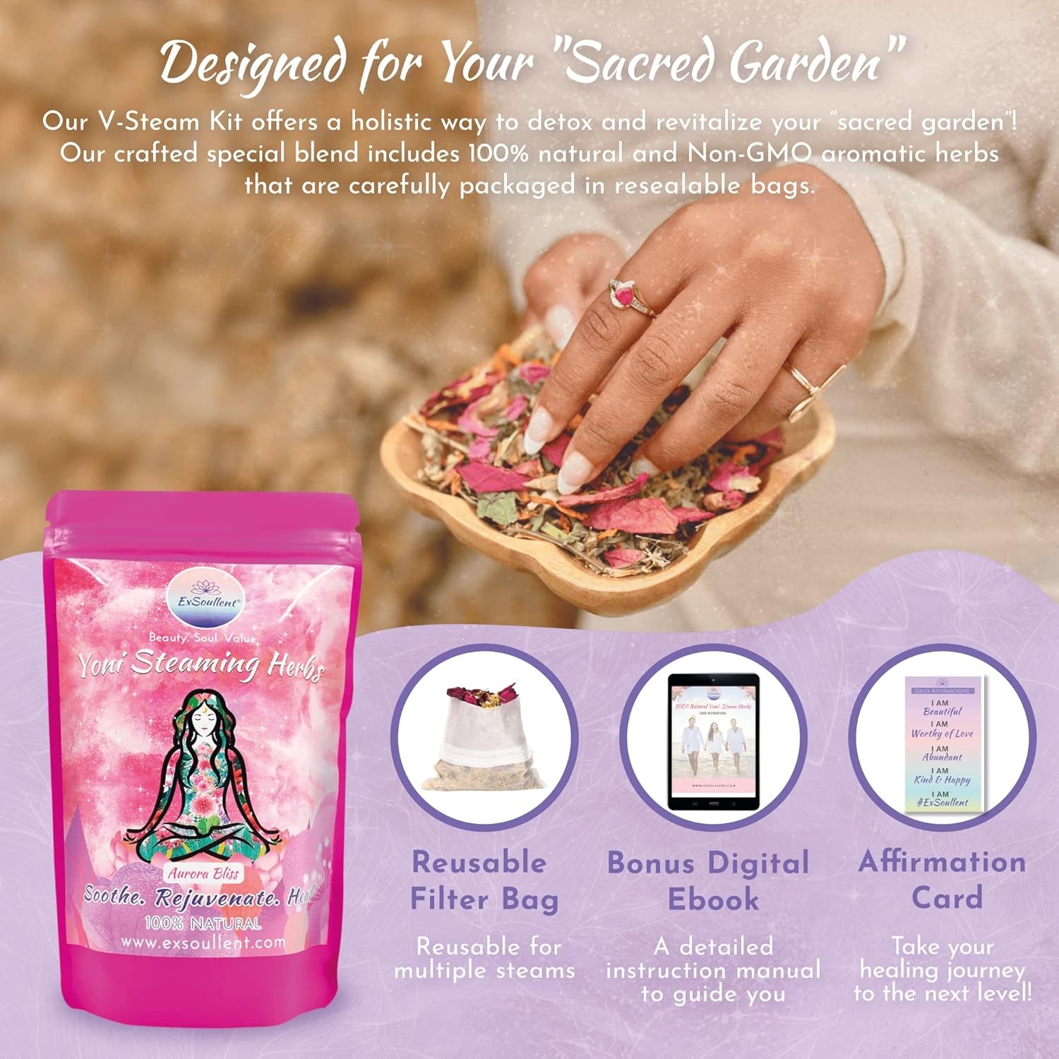 Yoni Steam Herbs - 100% Natural Vaginal Steam, 10 Yoni Herbs Aurora Bliss Blend with Filter Bag | Soothe. Rejuvenate. Heal (2-4 Steams)