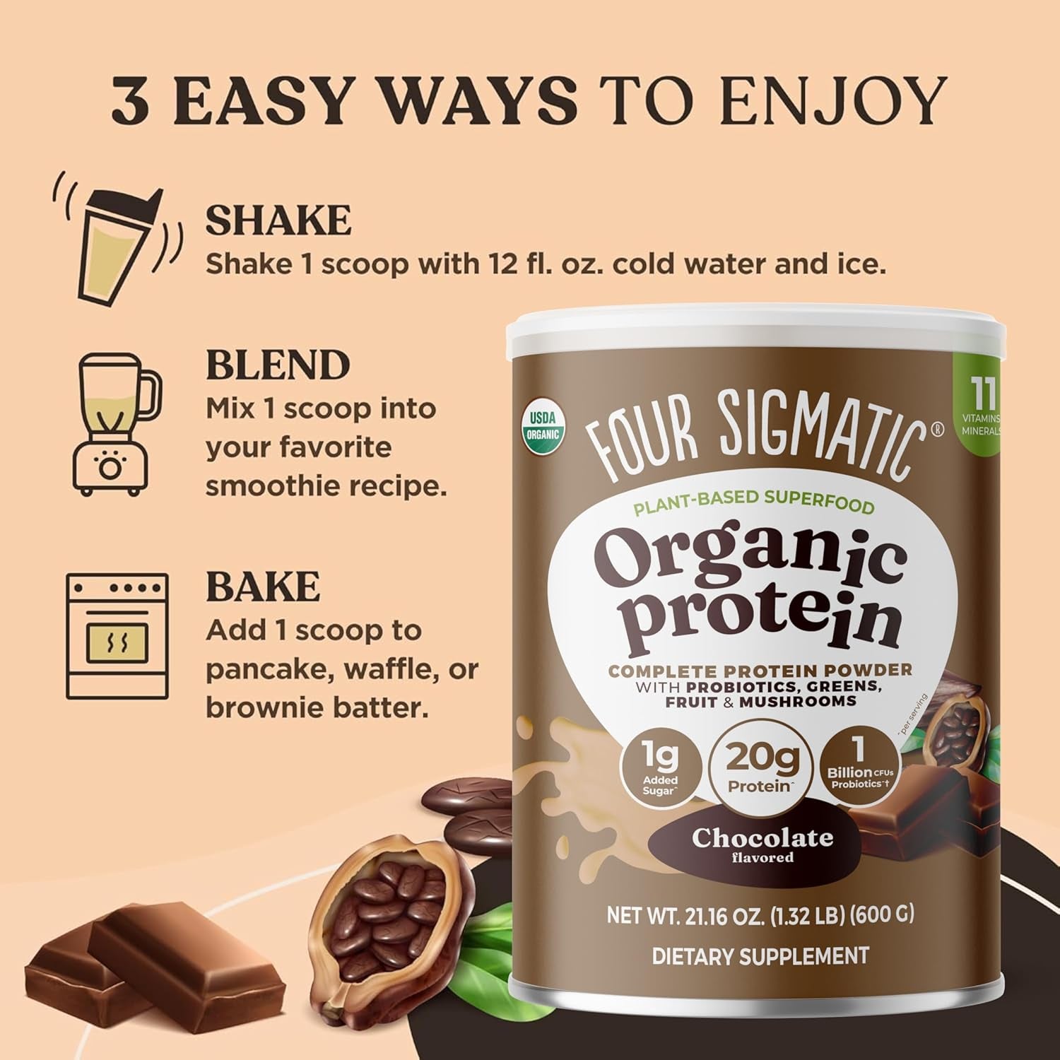 Organic Plant-Based Protein Powder | Clean Vegan Protein Elevated with Lion’S Mane, Chaga, Cordyceps and More for Brain Function and Immune Support | Creamy Cacao, 21.16 Oz