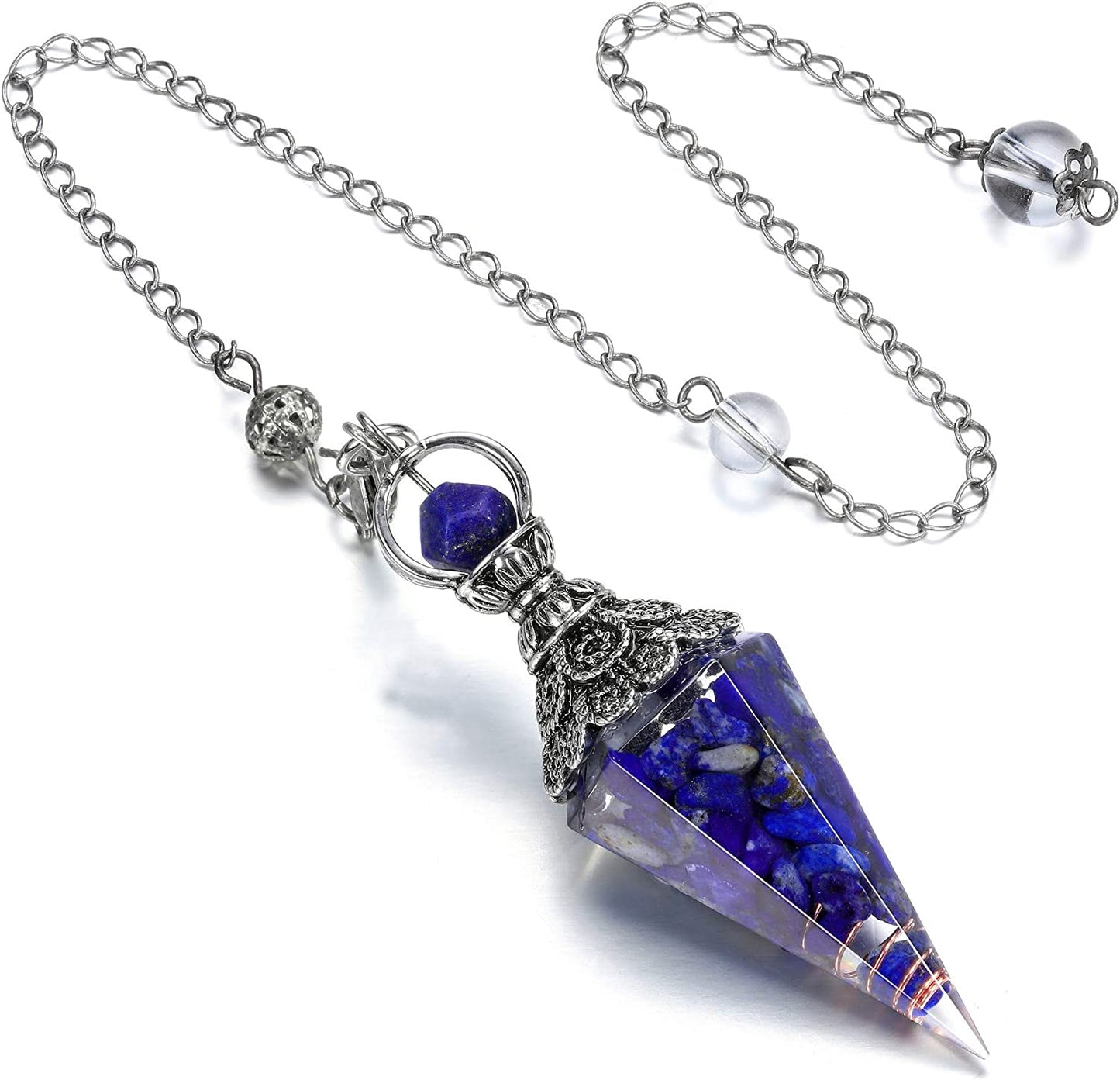 GEHECRST Natural Amethyst Healing Crystal Dowsing Pendulum Reiki Gemstone Chips Orgone Pendulum 6 Faceted Hexagonal Pointed Resin Spiritual Pendant for Divination, Wicca, Energy Balancing
