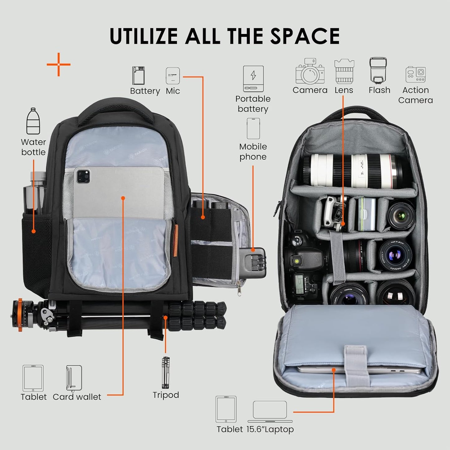 Camera Backpack for Photographers - Compact 15L Camera Bag with 15.6 Inch Laptop Compartment - Side Access Quick Draw - Anti-Theft Hidden Pocket Tripod Holder Rain Cover - TB04 Black