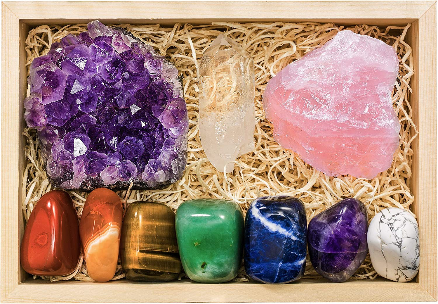 CRYSTALYA Abundance and Prosperity Healing Crystals, 100% Authentic, Wooden Gift Box + 50Pg EBOOK- Malachite, Pyrite, Citrine, Aventurine, Blue Calcite, Tree Agate, Tiger Eye + Info Guide, Made in USA