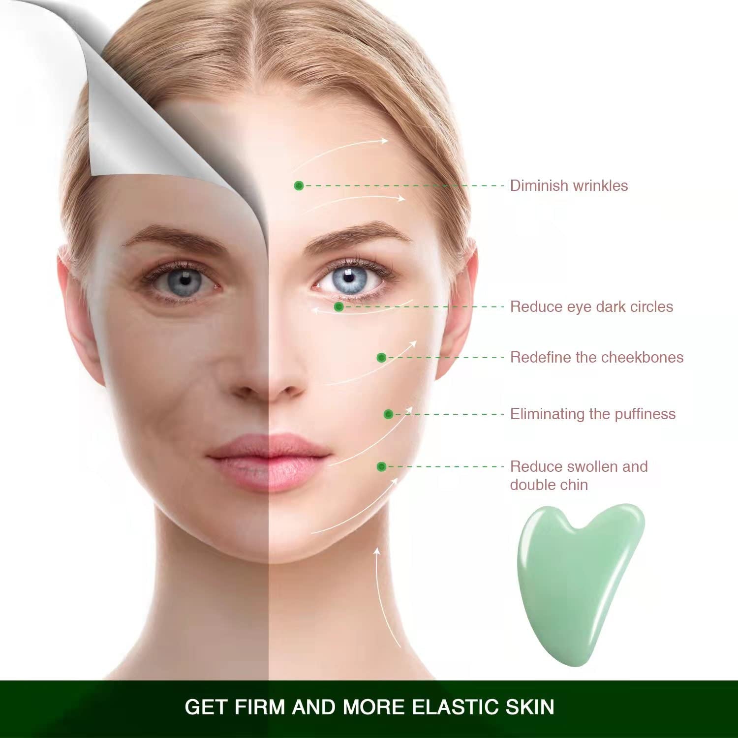 Gua Sha Facial Tool - Jade Stone Massager for Spa Acupuncture Therapy - Heart Shape Guasha for Face