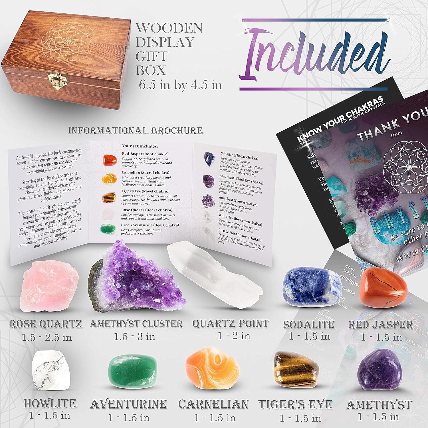 CRYSTALYA Abundance and Prosperity Healing Crystals, 100% Authentic, Wooden Gift Box + 50Pg EBOOK- Malachite, Pyrite, Citrine, Aventurine, Blue Calcite, Tree Agate, Tiger Eye + Info Guide, Made in USA