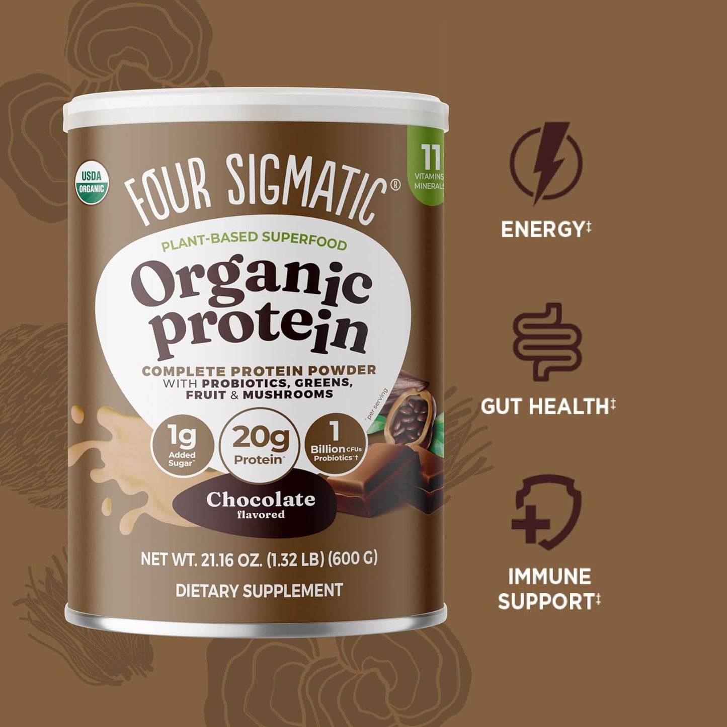 Organic Plant-Based Protein Powder | Clean Vegan Protein Elevated with Lion’S Mane, Chaga, Cordyceps and More for Brain Function and Immune Support | Creamy Cacao, 21.16 Oz