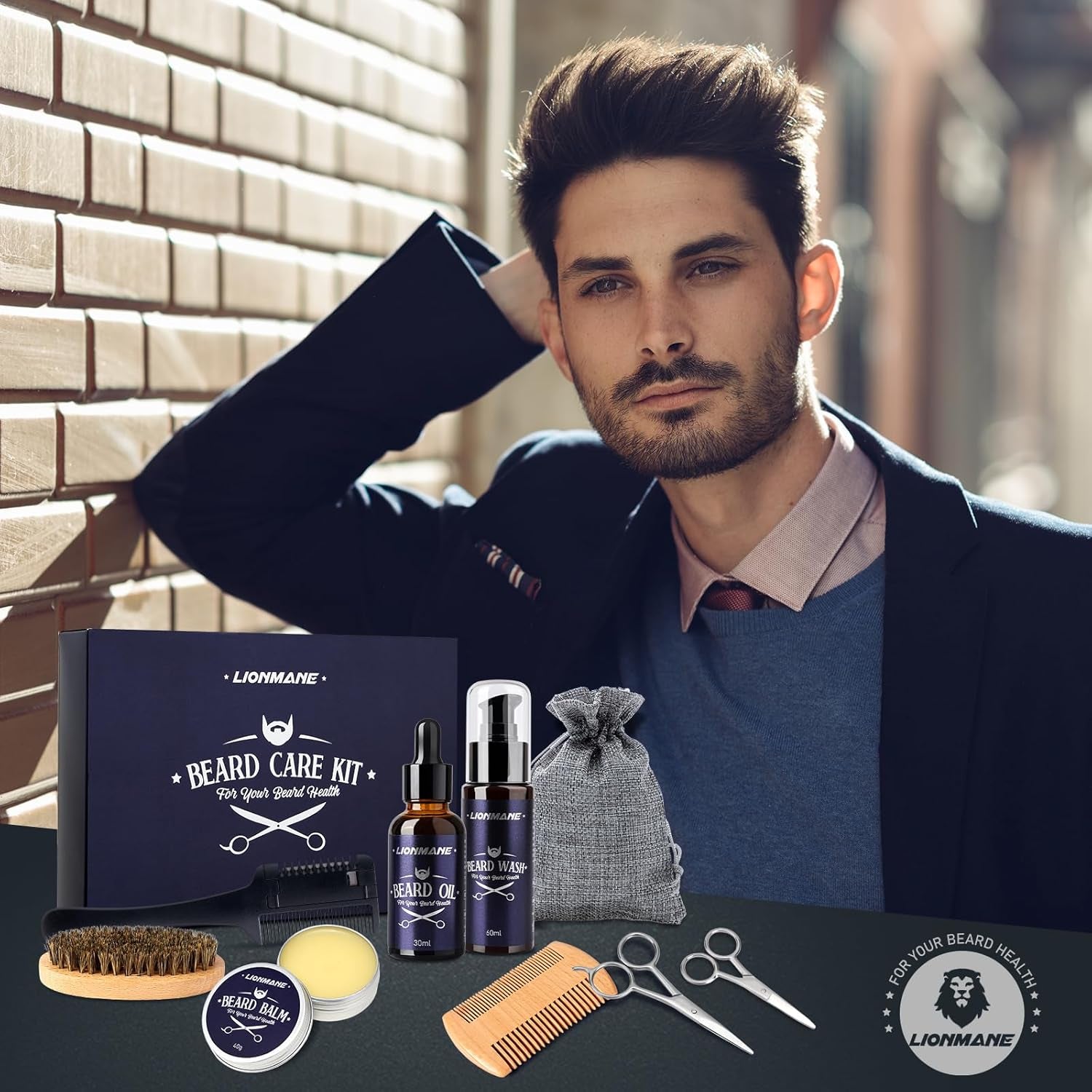 Beard Care Gifts Kit for Men, Beard Mustache Grooming Kit-Beard Balm, Beard Wash, Beard Oil, Brush, Scissors, Birthday Anniversary Thanksgiving Gifts for Husband/Boyfriend/Dad/Him