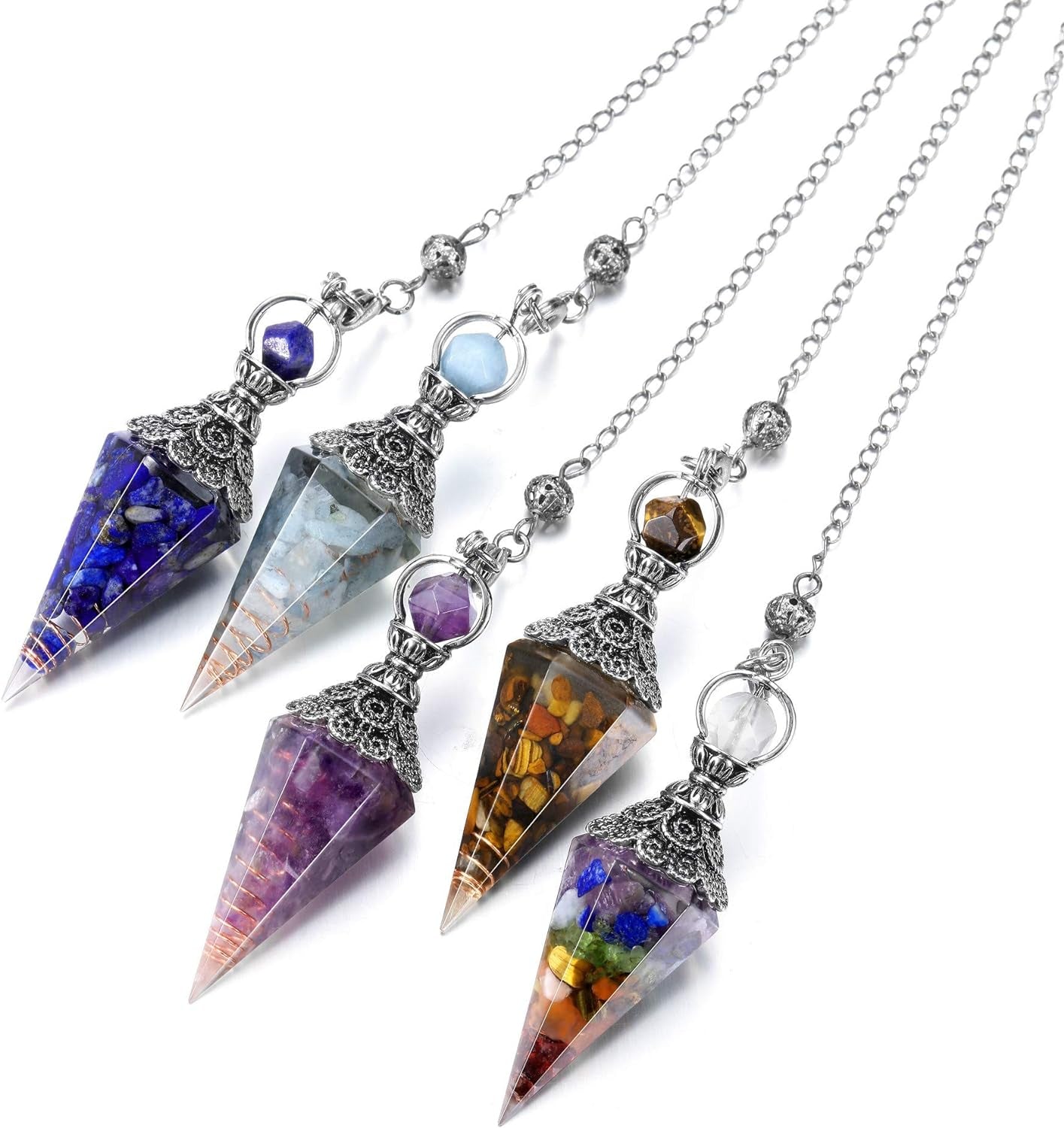 GEHECRST Natural Aquamarine Healing Crystal Dowsing Pendulum Reiki Gemstone Chips Orgone Pendulum 6 Faceted Hexagonal Pointed Resin Spiritual Pendant for Divination, Wicca, Energy Balancing