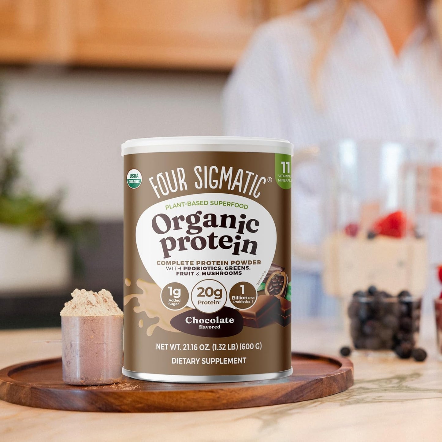 Organic Plant-Based Protein Powder | Clean Vegan Protein Elevated with Lion’S Mane, Chaga, Cordyceps and More for Brain Function and Immune Support | Creamy Cacao, 21.16 Oz