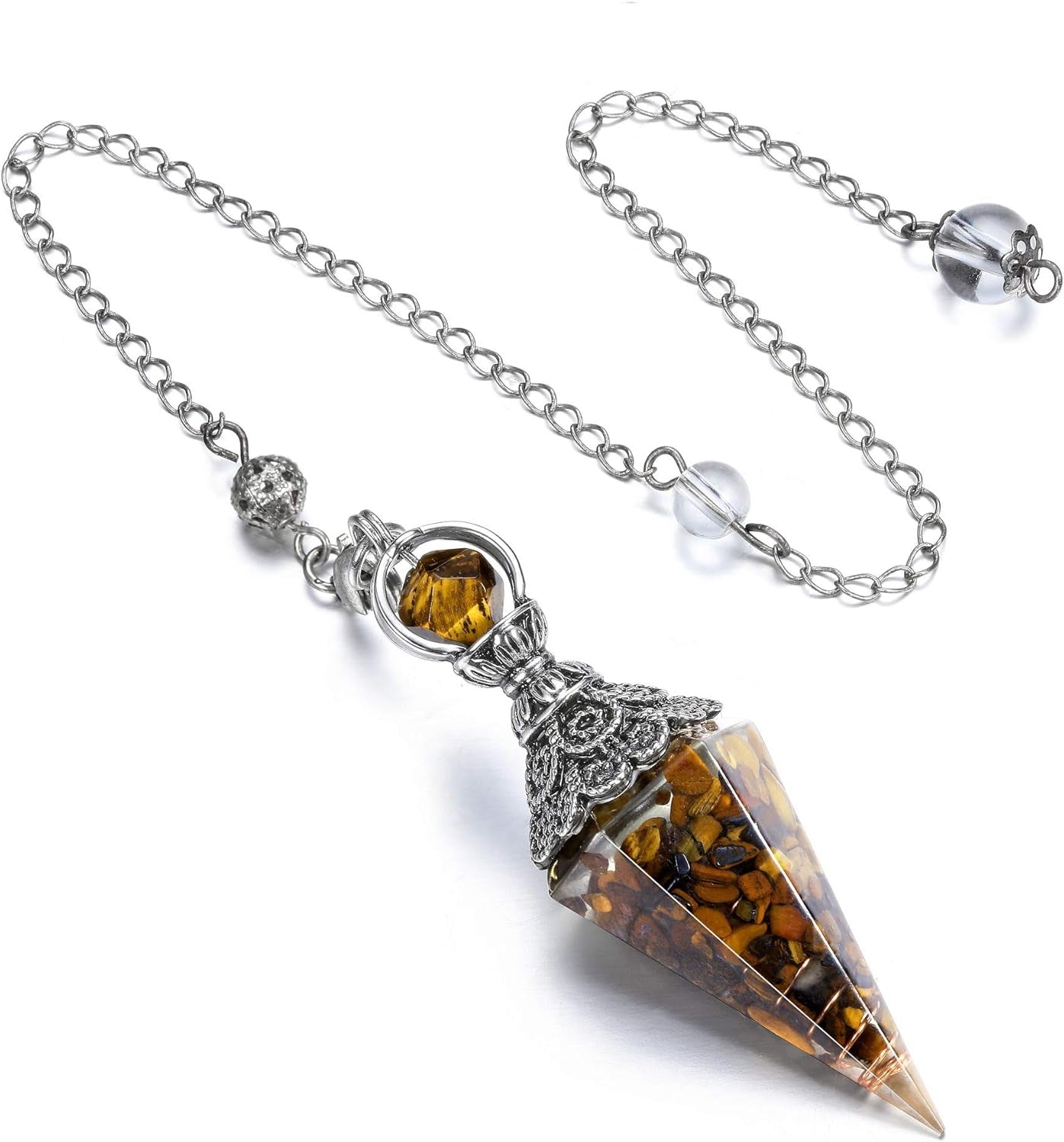 GEHECRST Natural Tiger Eye Healing Crystal Dowsing Pendulum Reiki Gemstone Chips Orgone Pendulum 6 Faceted Hexagonal Pointed Resin Spiritual Pendant for Divination, Wicca, Energy Balancing